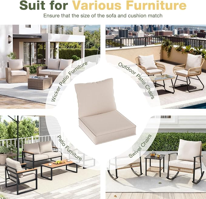 Aoxun Replacement Cushions for Outdoor Furniture, 4-Piece Outdoor Cushions for Patio Furniture, Deep Seat, Waterproof & Fade Resistant Couch Cushion for 4-Seat Patio Conversation Sets, Beige