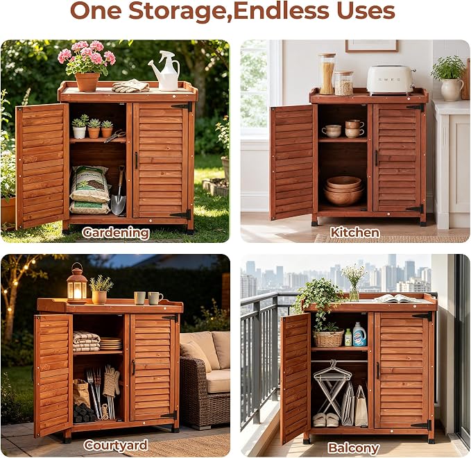 Outdoor Garden Storage Cabinet with Potting Bench, Wood Cabinet with Metal Top, Planting Workstation Table for Patio, Backyard and Garden Tools (Brown)