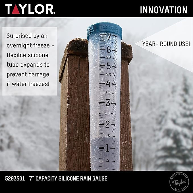 Taylor Capacity Break and Freeze Proof Flexible Silicone Rain Gauge, Measure and Monitor Precipitation, Easy to Read for Backyard, Patio, Garden, and Lawn, Post Mount or Ground Stake, 7-inch, Teal
