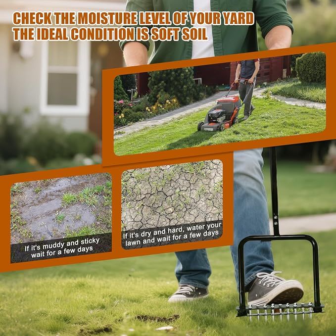 Lawn Aerator Tool with 14 Metal Spikes – Manual Yard Aerator with Spring Base & Auto Leaf Cleaning for Soil Aeration, Lawn Care, Grass Health – Heavy Duty Aerator for Garden, Backyard, Patio