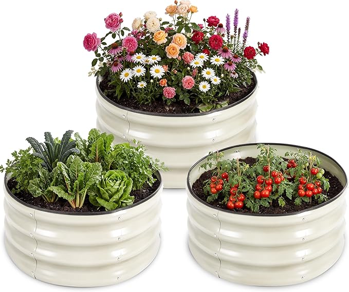 3 PCS Round Raised Garden Bed 2x2x1 ft, Metal Outdoor Planter Box Kit with Safety Rubber Edge, Easy Assemble Bottomless Small Planting Container for Vegetable, Flower, Fruit, White