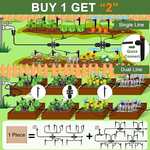 230FT Garden Drip Irrigation System, Quick-Connect Plants Watering System Kit with 1/2" & 1/4", Automatic Adjustable Nozzles & Sprinklers for Greenhouse, Raised Bed, Lawn, Flower Bed, Hanging Baskets