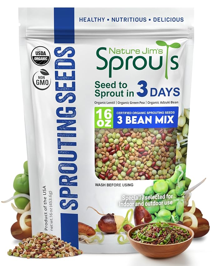Nature Jim's Sprouts 3-Bean Seed Mix - Organic Green Peas, Lentils & Adzuki Beans for Planting - Non-GMO Microgreen Sprout Seeds, Fast Sprouting, High in Fiber, Protein, Nutrients & Vitamins - 16 Oz