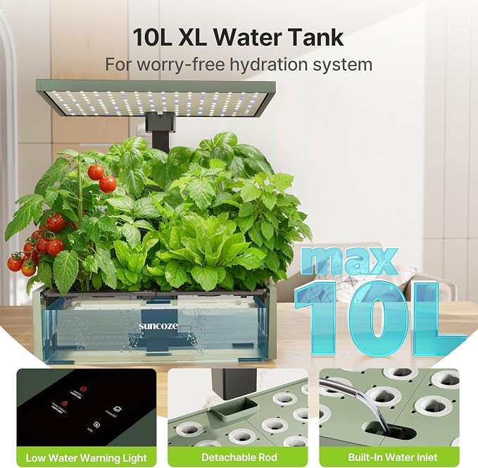 SUNCOZE Hydroponics Growing System Kit, 20 Pods Indoor Herb Garden with 10L Large Tank & Adjustable Height 25", 30W LED Grow Light, LCD Display with Veg/Flower Modes, Pump & Low Water Reminder, Green