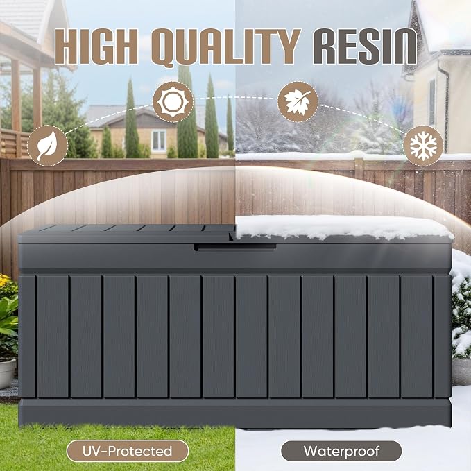 JUMMICO 78 Gallon Outdoor Deck Box Large Resin Storage Box for Patio Furniture Cushions, and Garden Tools (Gray)