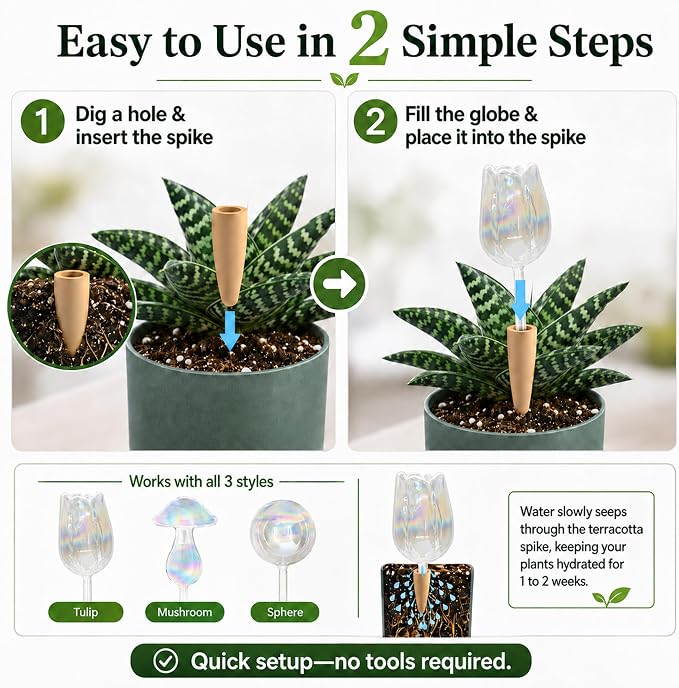 HyJeryty Non-Clogging Iridescent 3 Pack Tulip Plant Watering Globes with Terracotta Spikes, Hand Blown Glass Self Watering Planter Insert Plant Watering Devices Bulbs for Indoor and Outdoor Plants