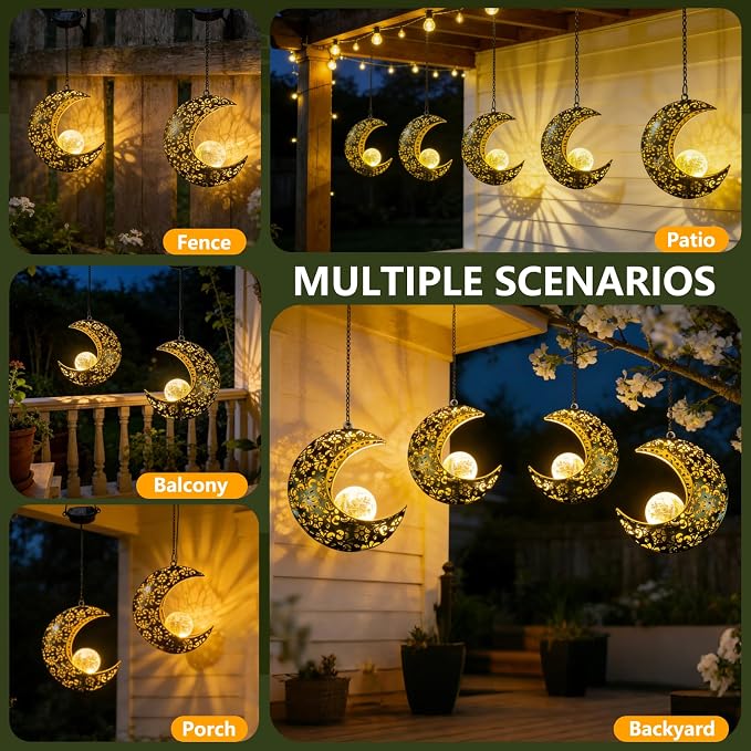 Solar Garden Hanging Moon Lights Outdoor Decor,2 Pack Metal Lanterns Art Decorations for Outside Yard Lawn Patio Wall Fences Driveway Trail,Unique Housewarming Gardening Gifts for Women Mom
