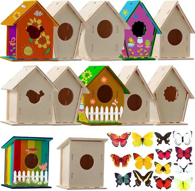 Kisston 210 Pcs DIY Birdhouse Kits for Kids Ages 5-8, 8-12, 96 Wooden Bird Houses Kit in 6 Shapes and 114 Stereoscopic Butterfly Sticker for Children Craft Class Activity Art DIY Project