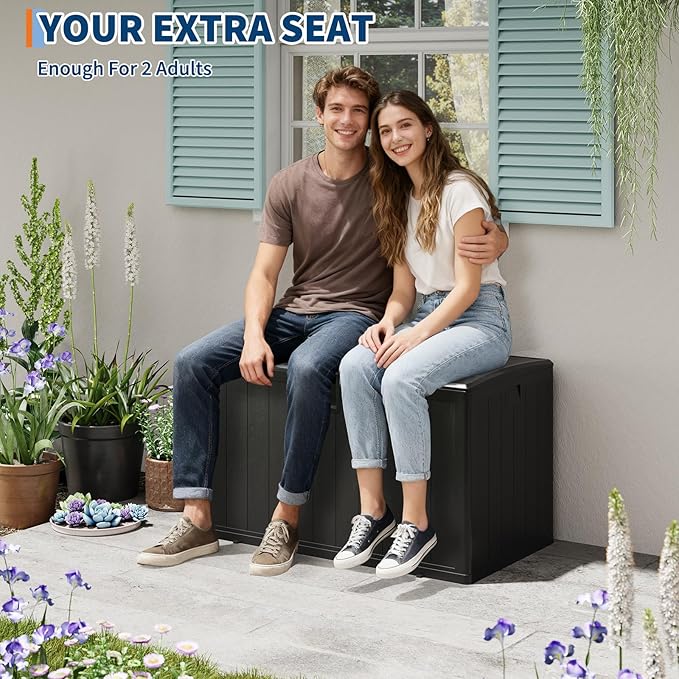 130 Gallon Resin Deck Box, Waterproof & Lockable Patio Storage Box with Hydraulic Lid for Outdoor Garden Tools, Pool Accessories & Cushions