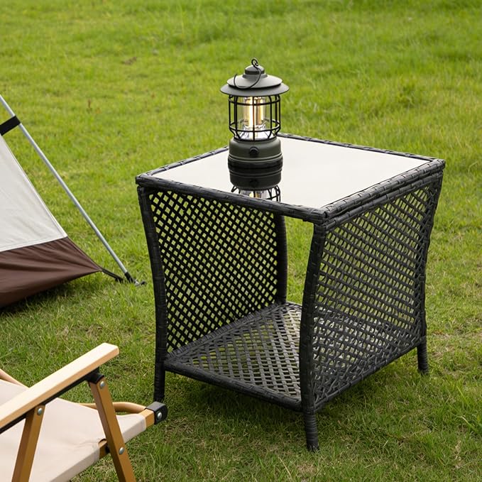 Outdoor Side Table - Patio Rattan End Table with Square Glass Tabletop, Wicker Outdoor Side Table with Extra Storage Shelf for Garden, Backyard, Porch, Silver Gray