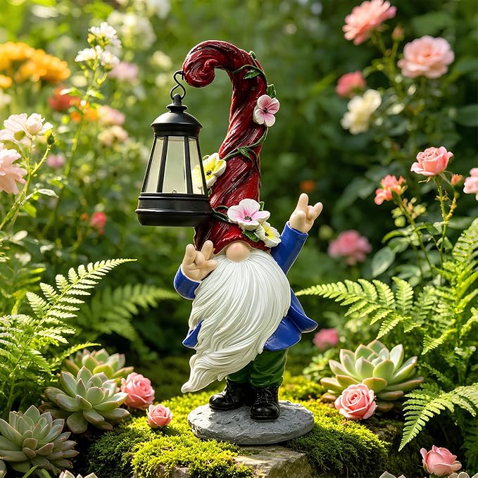 Garden Gnome Statue with Solar Lights 13.7" Garden Sculptures Gnomes Decorations Gnome Outdoor Patio Lawn Yard Balcony Birthday Gift for Mom Grandma(Left Light)