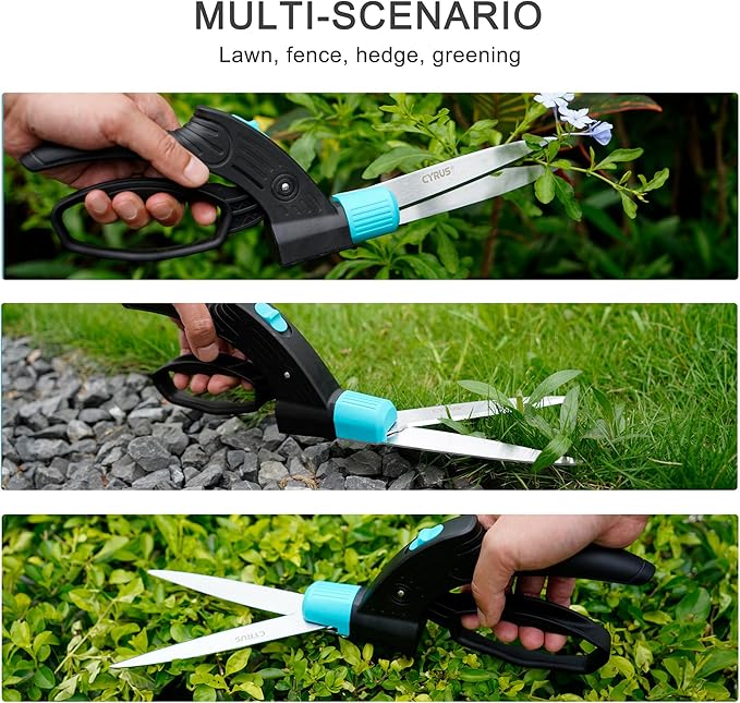 CYRUS 14-Inch Handheld Grass Shears with 360° Rotating Head - Premium Carbon Steel Plant Cutting Scissors Ergonomic Handle & Safety Lock Garden Shears for Lawn, Hedges, Fences