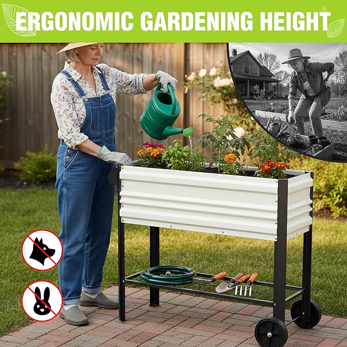 WORKPRO Galvanized Raised Garden Bed with Legs & Wheels, 37x14.6x31.6in, 400LB Capacity Elevated Planter Box for Garden, Backyard, Patio & Deck, White