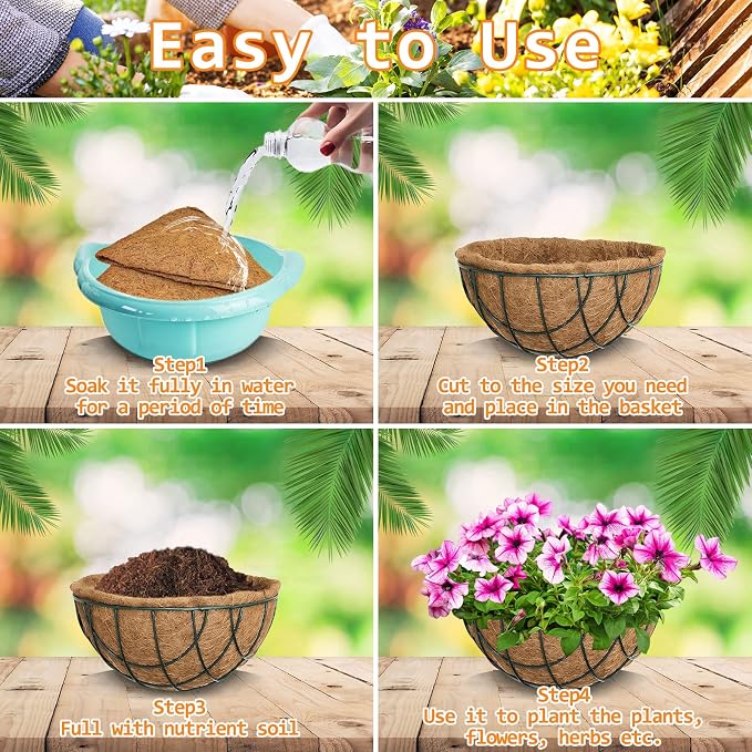 Riare 6 Pack 10 Inch Round Coco Liners Replacement, 100% Natural Coconut Coir Liners for Hanging Baskets, Garden Flower Vegetables Planter Pot, Window Box, Fence, Decks