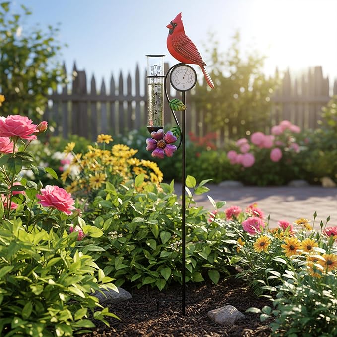 40" Garden Rain Gauge - 7" Glass Tube for Outdoor Indoor Use, Patio Yard Decor Statue,Metal Red Bird Rain Gauge.