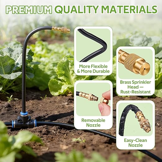 HIRALIY 165FT Garden Watering System with 28 360° Adjustable Copper Mist Nozzles, Quick-Connect Drip Irrigation Kit for Large Raised Beds, Greenhouse Sections and Flower Beds