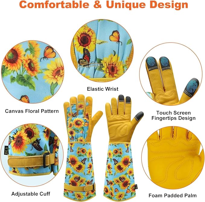 DLY Gardening Gloves for Women, Rose Gloves Gardening Thorn Proof, Long Garden Gloves for Women, Breathable Cowhide Leather Gauntlet (Small, Blue