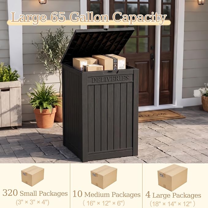 Outdoor Storage Box, 65 Gallon Package Delivery Boxes for Outside, with Lockable Secure, Deck Box Outdoor Waterproof for Entryway, Front Porch, Backyard, Garden, Patio, Lawn, Black