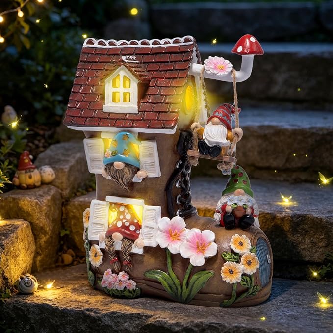 basen Solar Gnome Garden Statue with Boot House, Resin Outdoor Fairy Garden Decor with LED Lights, Waterproof Yard Ornament for Patio Lawn Backyard, Charming Gnome Figurine with Mushroom Swing