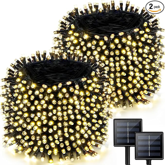 2 Pack 480 LED Solar String Lights for Outside, 170 FT Super Long Solar Chrismas Lights Outdoor with 8 Modes & Memory Function, Waterproof Twinkle Light for Xmas Tree Party Decorations (Warm White)