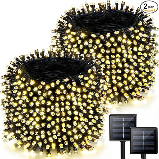 2 Pack 480 LED Solar String Lights for Outside, 170 FT Super Long Solar Chrismas Lights Outdoor with 8 Modes & Memory Function, Waterproof Twinkle Light for Xmas Tree Party Decorations (Warm White)