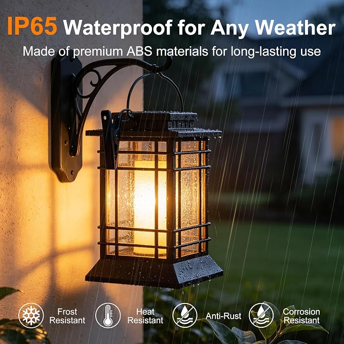 Brightever Hanging Solar Lanterns Outdoor Waterproof, Flickering Flame Solar Lantern Outdoor Lights, Auto ON/Off Solar Powered Lanterns Decorative Outdoor for Garden Front Porch Tree Decor, 2-Pack