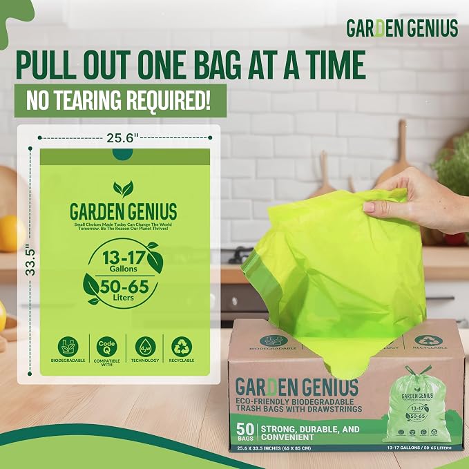 Biodegradable 13-17 Gallon Code-Q Trash Bags (50 Pack) | Strong Heavy-Duty Tall Green Kitchen Bags w/ Drawstring | Fits Simplehuman & Standard Cans | Eco-Friendly D2W, 30 Micron Thick | 25.6" x 33.5"