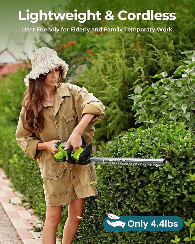 20'' Hedge Trimmers Cordless with Battery, 3000RPM Brushless Electric Bush Clipper with 2pcs 2000mAh Rechargeable Batteries, 180° Rotatable Head, 2/3'' Blade Gap Green, Gifts for Men Dad Father