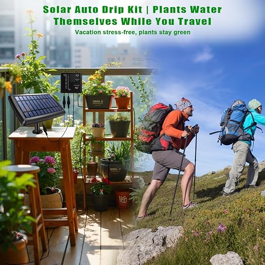Vacation Plant Waterer, Solar Drip Irrigation System for 15 Pots with Auto Watering While Away on Trip or Business, 49FT Hose, Low Water Buzzer & Split Panel, for Garden Balcony Greenhouse