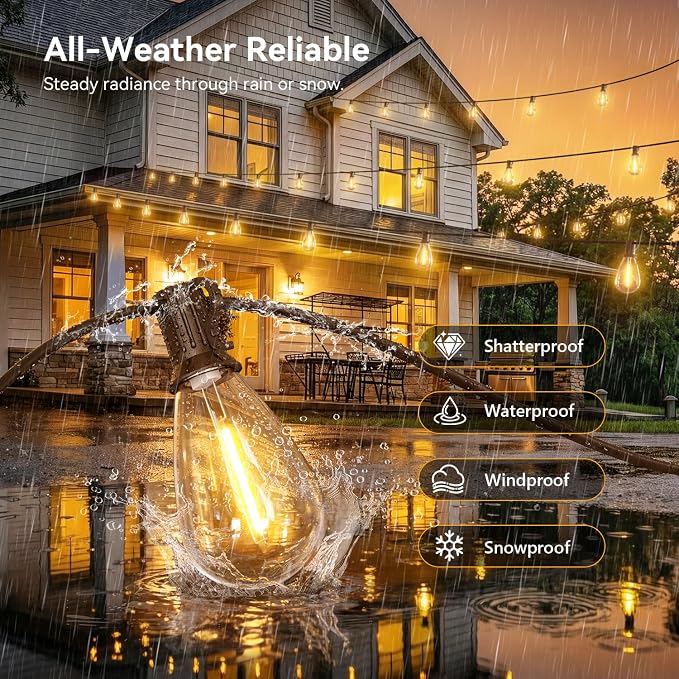 150FT Patio String Lights Outdoor, 55+2 LED Shatterproof Bulbs with Remote & Timer, 2700K Dimmable Waterproof Hanging Decor for Backyard, Garden, Porch, Balcony, Wedding Party Lighting