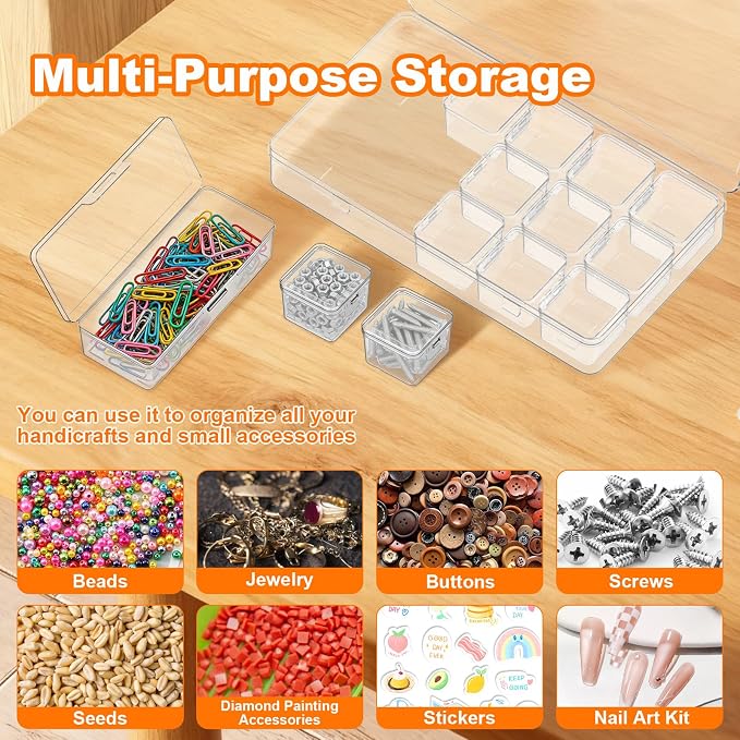 Bead Organizer Box, 2 Pack Small Clear Plastic Storage Containers Features Hinged Lid and Labels, Craft Storage Box for Jewelry, Diamonds, Clay Beads, Bracelets, Screws, Seeds, Small Parts
