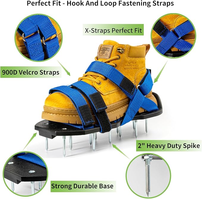 Lawn Aerator Shoes Pre-Assembled, Heavy Duty Lawn Spike Shoes with Adjustable Straps, Soil Aerating Tools for Yard Patio Garden, Includes Cleaning Shovel, Restores Lawn Health (Blue)