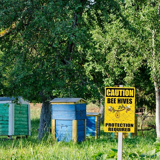 EMOHAT Caution Bee Hives Protection Required Metal Tin Sign, Beekeeping Apiary Warning Sign, 16x12 Inch Rustic Outdoor Theme Decor for Shed Garden Home Office