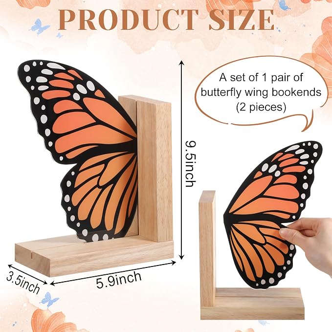 Decorative Butterfly Bookends Wooden Acrylic Butterflys Bookend Modern Bookshelf Decor Accent Book Stopper Decor for Home Farmhouse Shelves Office Lover Gift (Monarch Butterfly)