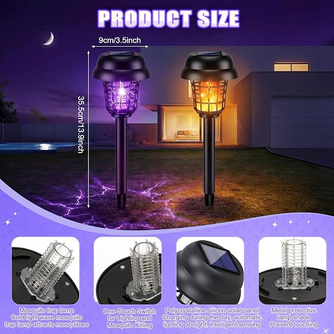 Qualirey 4 Pcs Solar Mosquito Zapper Outdoor Waterproof Solar Powered Bug Zapper Outdoor Mosquito Killer Lamp Trap Repellent Light for Garden Yard Insect (Purple and Flame Light,Black)