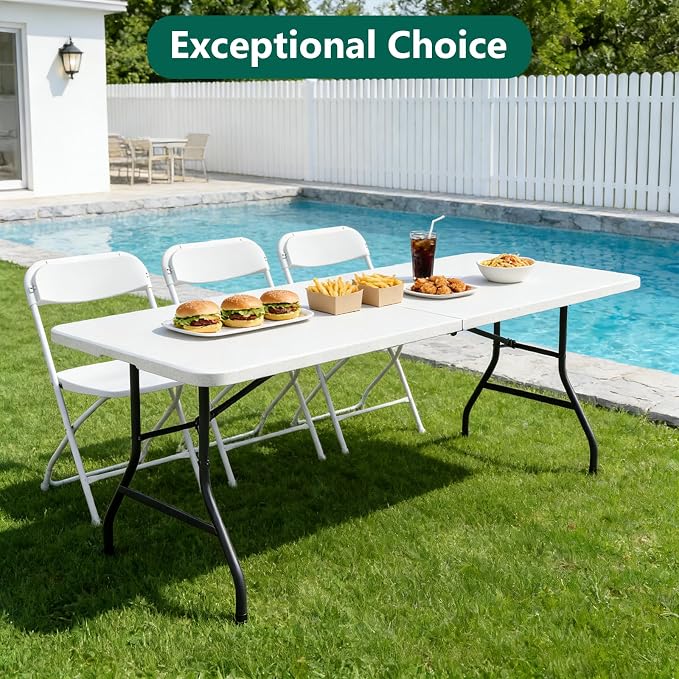 Folding Table 6FT Heavy Duty Plastic Table with Handle, Foldable&Portable, Fold-in-Half Utility Tables for Outdoor, Dining, Wedding, Events, Indoor, Picnic, Camping, Party, White
