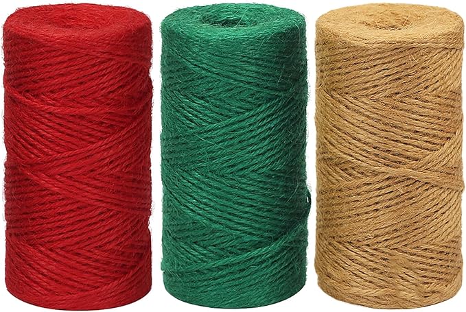 Vivifying Garden Twine, 328 Feet x 3 Rolls 2mm Red Green Brown Jute Twine for Climbing Plants and DIY Crafts, Natural Colorful Garden String for Gift Wrapping