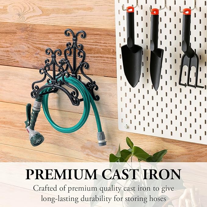 MyGift Brown Heavy Duty Cast Iron Outdoor Garden Hose Hanger Wall Mounted Water Hose Holder Reel with Vintage Scrollwork Design (Floral Pattern)