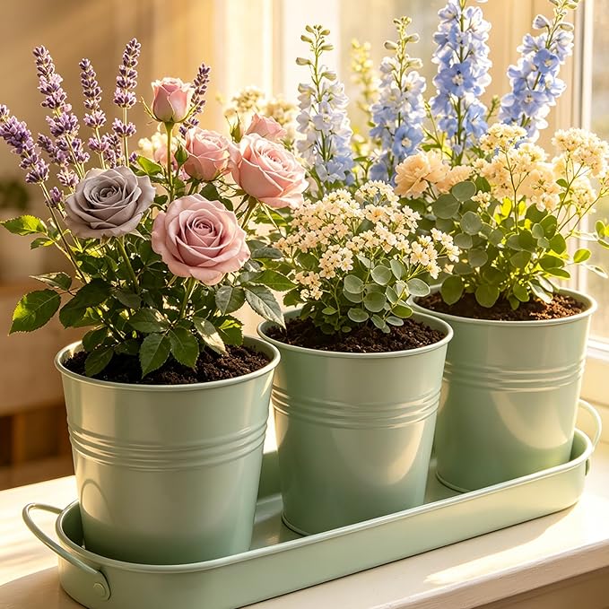 TCBWFY Indoor Herb Garden Planter Set - 3 Pack 4.7" Green Metal Plant Pots with Drainage Holes & Removable Tray - Windowsill Kitchen Counter Balcony Office Garden