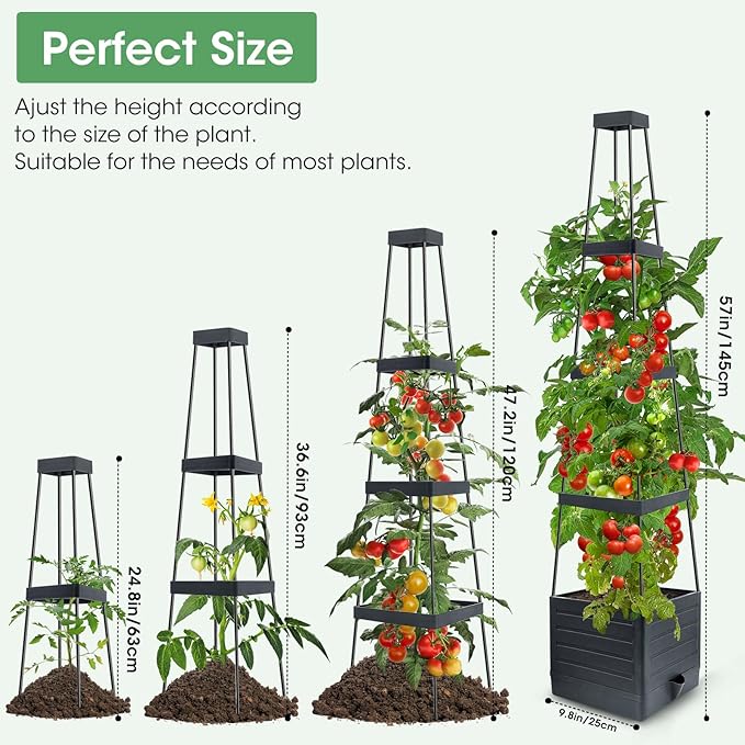 MQUPIN Self Watering Tomato Planter with Trellis, 57" Raised Garden Bed for Climbing Vegetables Vine Flowers, Tomato Cage Plant Support for Indoor Outdoor Patio Greenhouse (1 Pack)