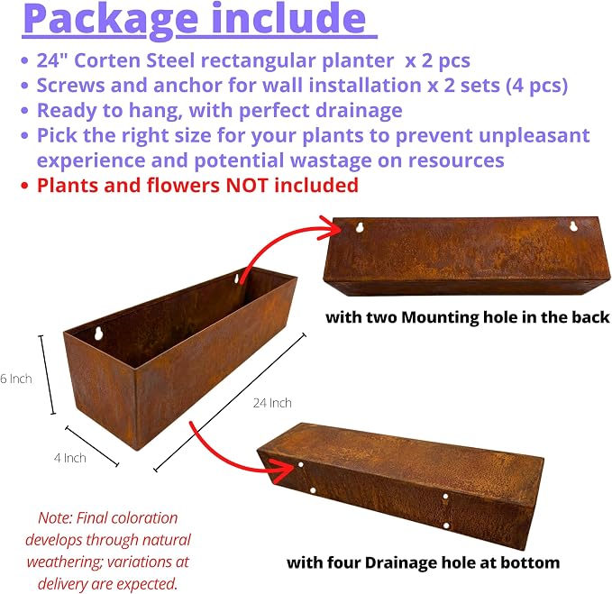 LaLaGreen Wall Planters for Outdoor (24 Inch, 2 Pack) Reddish Corton Steel Wall Mounted Planter for Succulents, Window Hanging Flower Pots Balcony Modern Vertical Living Plant Holder Garden Home Decor