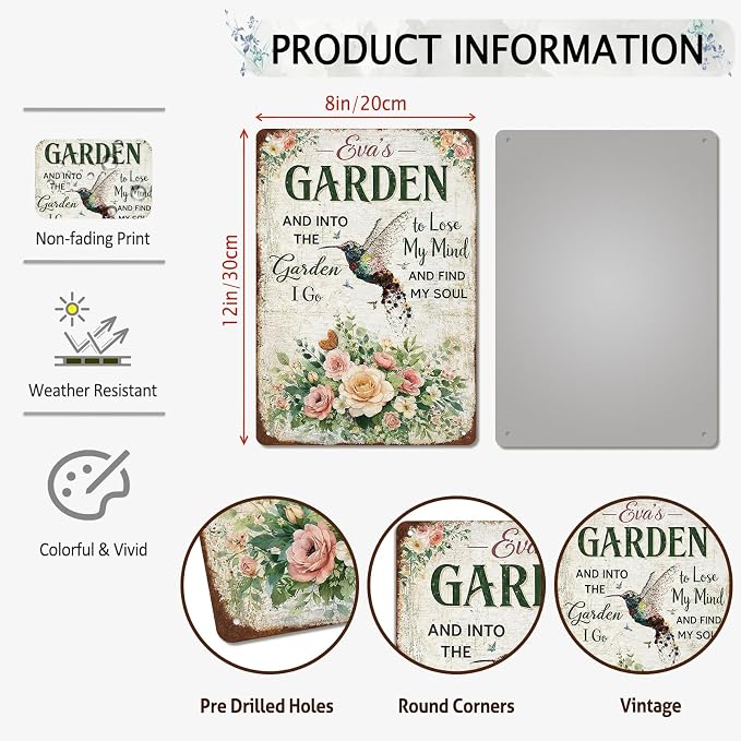 Garden Signs Hummingbird Floral Gardening Tin Signs Outdoor Funny Signs "And Into The Garden I Go To Lose My Mind And Find My Soul" for Home Garden Patio Fence Yard Decor 8 X 12 Inch