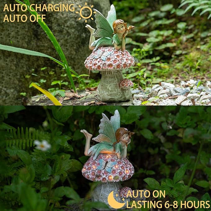 Suyorpe Solar Fairy Garden Statue Lights Outdoor Decor - Fairies Mushroom Resin Waterproof Figurine for Patio Backyard Yard Lawn Decoration,Gift for Mom Grandma Wife