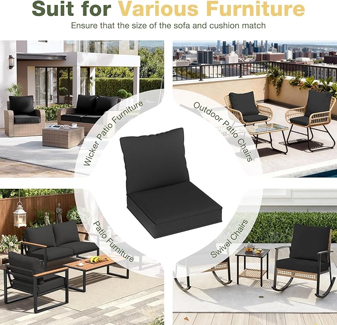 Aoxun Replacement Cushions for Outdoor Furniture, 4-Piece Outdoor Cushions for Patio Furniture, Deep Seat, Waterproof & Fade Resistant Couch Cushion for 4-Seat Patio Conversation Sets, Black