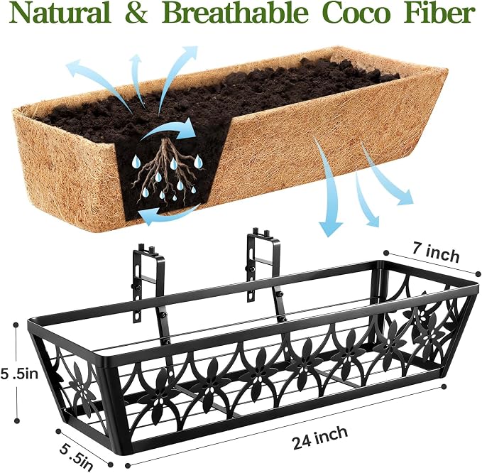 24 Inch Window Boxes Planters Railing Planter Box - 4 Pack Deck Railing Planter Boxes with Adjustable Brackets Coco Liners Balcony Planters Railing Hanging for Window Flower Boxes Outdoor Garden Decor