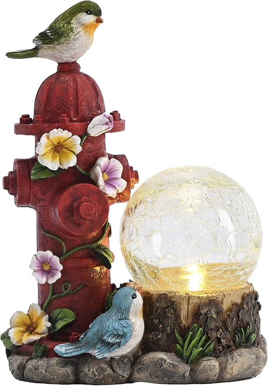 TERESA'S COLLECTIONS Garden Decor, Cute Birds and Hydrant Garden Statue with Solar Light Glass Ball, Waterproof Resin Outdoor Statue, Cute Bird Decor, Garden Gift for Women Mom, Indoor/Outdoor
