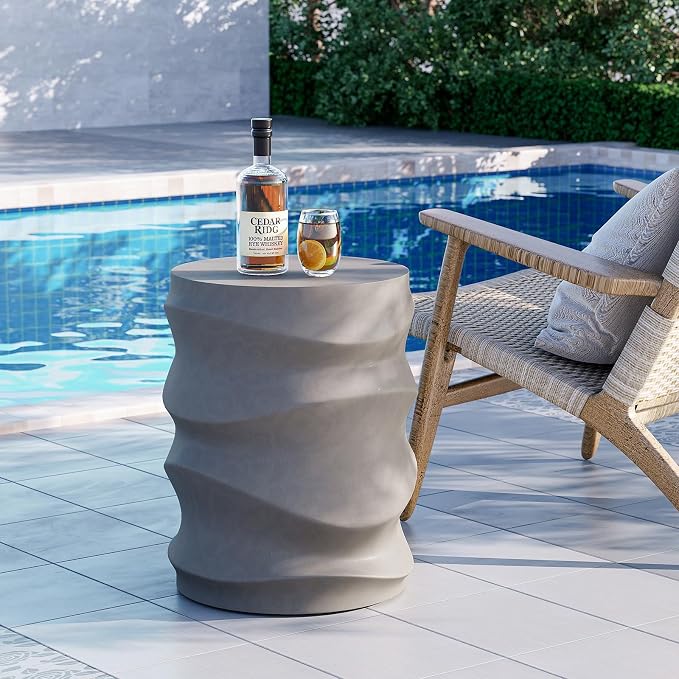 SUNBURY Outdoor Side Table Set of 2, 18" H Concrete Accent End Table Streamlined, Small Round Cement Plant Stands Table, Decorative Garden Stools for Backyard, Grey
