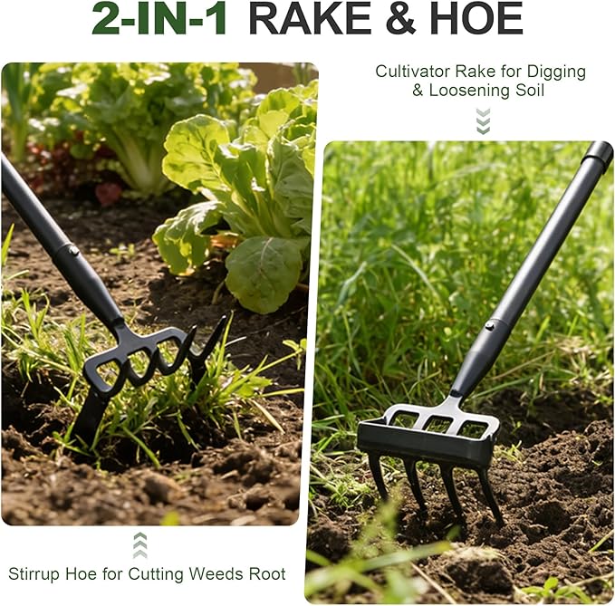 Hoe Garden Tool for Weeding 2-in-1 Heavy Duty Metal Stirrup Hoe 4 Tines Prong Weed Hoe with 32-62 inch Long Adjustable Handle for Women Kids Men