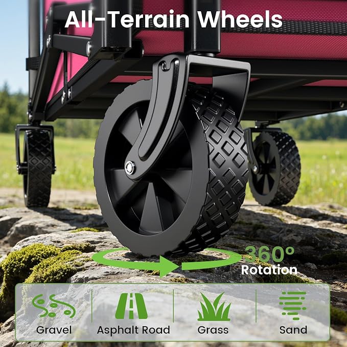 Blomoba Collapsible Wagon Cart, 220LBS Heavy Duty Collapsible Wagon with All-Terrain Wheels 360° Rotation, Flexible Handle, Portable Utility Cart for Grocery Sports Garden Shopping Camping Beach, Pink