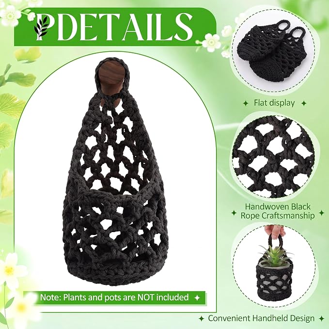 6 Pk Wall Planters for Indoor Macrame Plant Hanger Boho Wall Mounted Flower Baskets Hanging Planter, Plants and Pots are Not Included (Black,4 x 8 Inch)